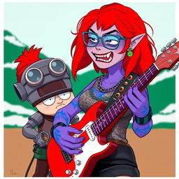 A South Park-style female purple orc bard with fangs, dressed in a shimmering chain shirt, playing an electric guitar