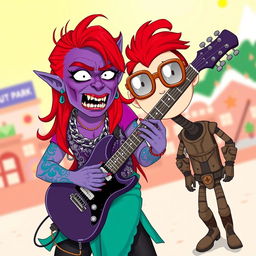 A South Park-style female purple orc bard with fangs, dressed in a shimmering chain shirt, playing an electric guitar