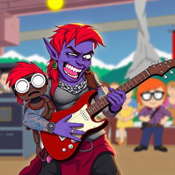 A South Park-style female purple orc bard with fangs, dressed in a shimmering chain shirt, playing an electric guitar