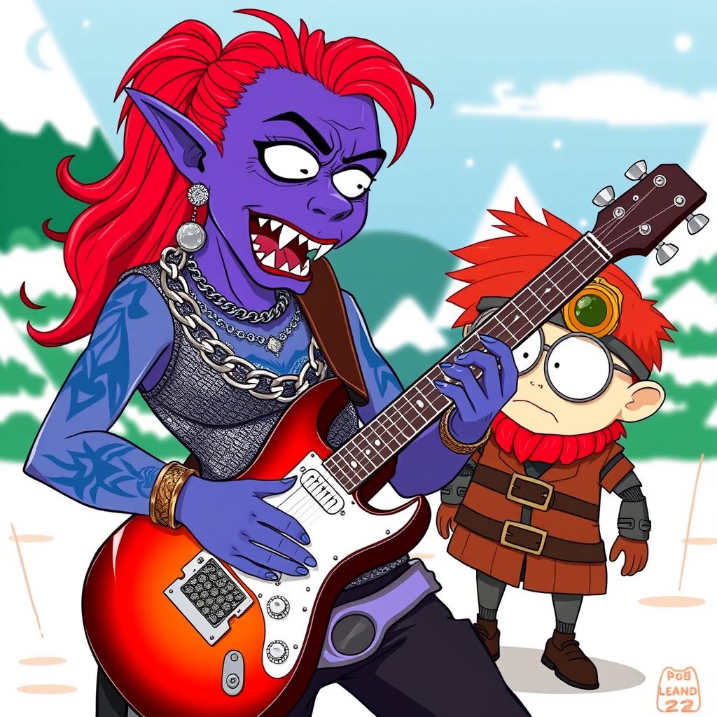 A South Park-style female purple orc bard with fangs, dressed in a shimmering chain shirt, playing an electric guitar