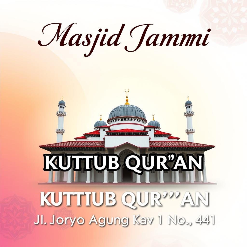 A beautifully designed advertisement or media banner featuring a prominent mosque with a traditional and elegant architectural style
