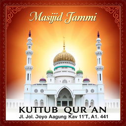 A beautifully designed advertisement or media banner featuring a prominent mosque with a traditional and elegant architectural style