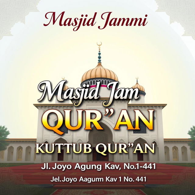 A beautifully designed advertisement or media banner featuring a prominent mosque with a traditional and elegant architectural style