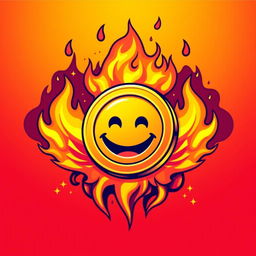 A vibrant and energetic illustration featuring a golden coin representing a meme coin, prominently displayed in the center with a playful smiley face design