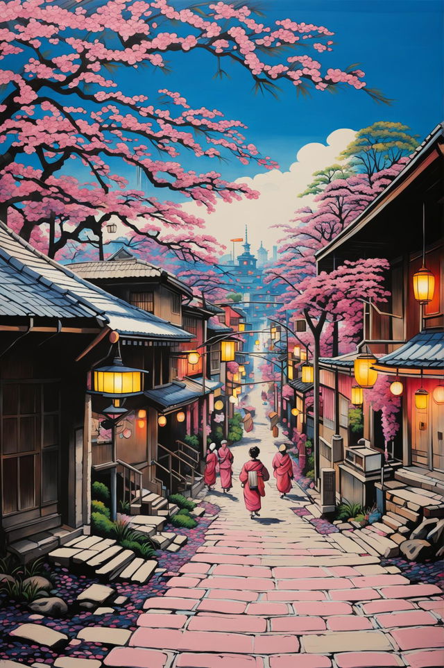 This is a colorful chalk drawing of a retro Japanese city