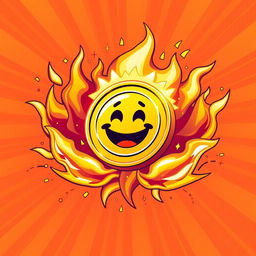 A vibrant and energetic illustration featuring a golden coin representing a meme coin, prominently displayed in the center with a playful smiley face design
