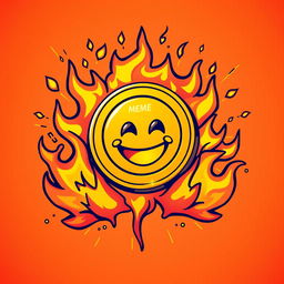 A vibrant and energetic illustration featuring a golden coin representing a meme coin, prominently displayed in the center with a playful smiley face design