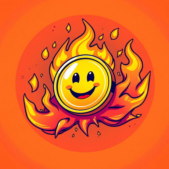 A vibrant and energetic illustration featuring a golden coin representing a meme coin, prominently displayed in the center with a playful smiley face design