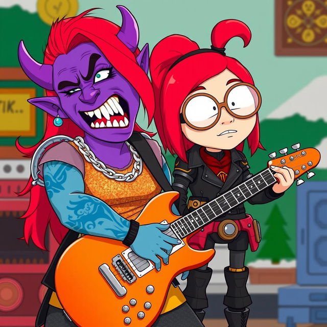 A South Park-style female purple orc bard with fangs, wearing a shimmering chain shirt and playing an electric guitar