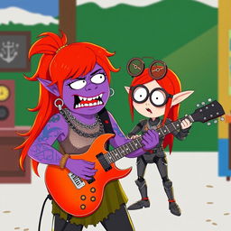 A South Park-style female purple orc bard with fangs, wearing a shimmering chain shirt and playing an electric guitar