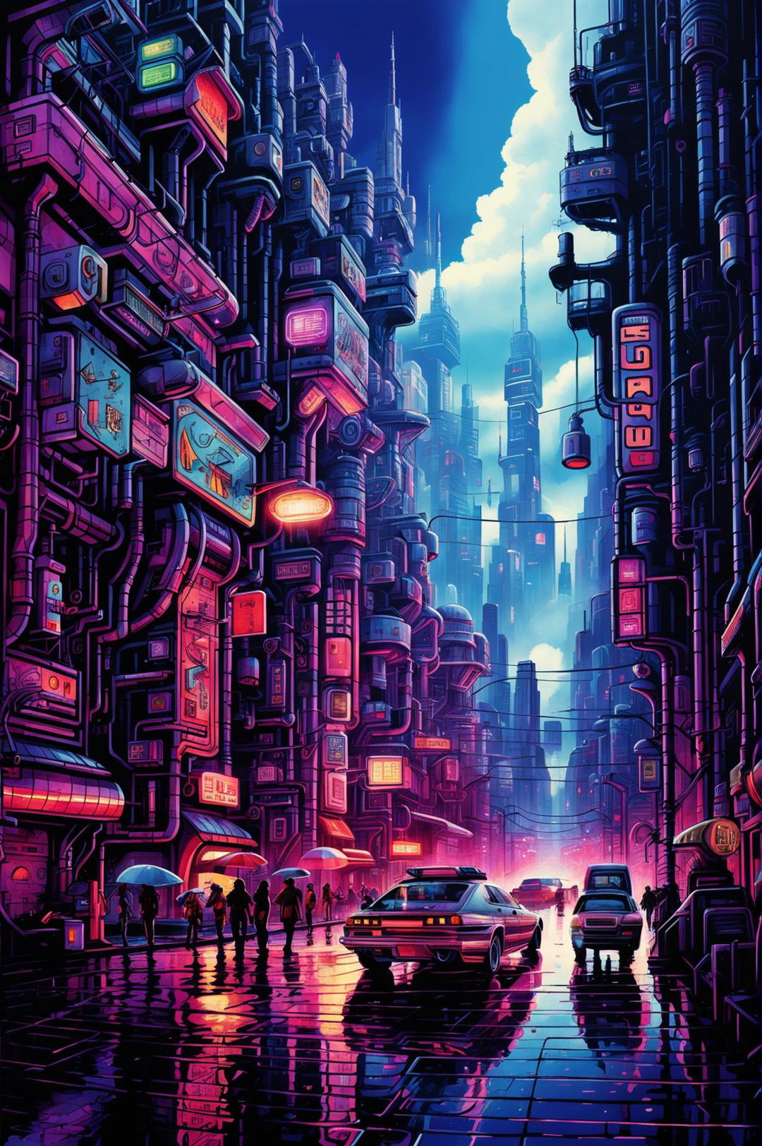 This is a detailed drawing of a retro sci-fi cyberpunk cityscape