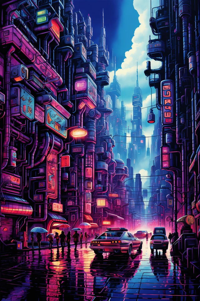 This is a detailed drawing of a retro sci-fi cyberpunk cityscape