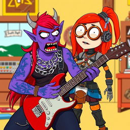 A South Park-style female purple orc bard with fangs, wearing a shimmering chain shirt and playing an electric guitar