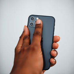 A close-up photograph of a hand holding a smartphone with the Apple logo prominently displayed on the back