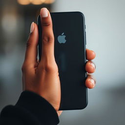 A close-up photograph of a hand holding a smartphone with the Apple logo prominently displayed on the back