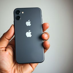 A close-up photograph of a hand holding a smartphone with the Apple logo prominently displayed on the back