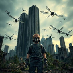 A post-apocalyptic scene depicting the end of the world, with tall and dark abandoned buildings looming in the background