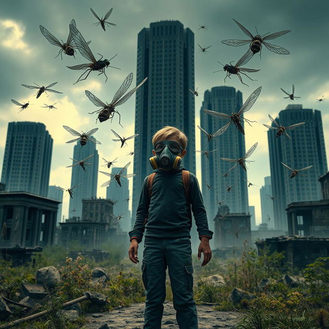 A post-apocalyptic scene depicting the end of the world, with tall and dark abandoned buildings looming in the background