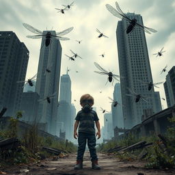 A post-apocalyptic scene depicting the end of the world, with tall and dark abandoned buildings looming in the background