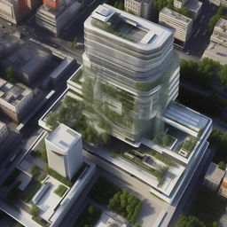 aerial view of futuristic high-rise Police headquarters with helipad for in city center in broad daylight based on https://files.dreamhome.software/files/static/36651