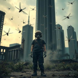 A post-apocalyptic scene depicting the end of the world, with tall and dark abandoned buildings looming in the background