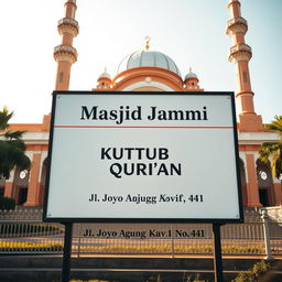 An outdoor view featuring a large billboard in front of a beautiful mosque, prominently displaying the text "Masjid Jammi" at the top