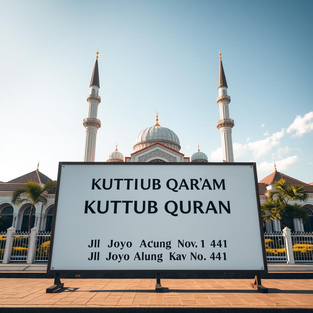 An outdoor view featuring a large billboard in front of a beautiful mosque, prominently displaying the text "Masjid Jammi" at the top