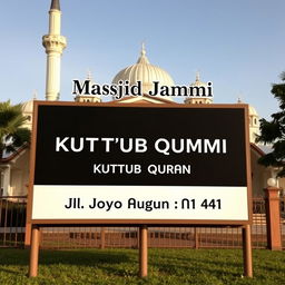 An outdoor view featuring a large billboard in front of a beautiful mosque, prominently displaying the text "Masjid Jammi" at the top