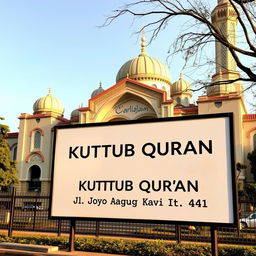 An outdoor view featuring a large billboard in front of a beautiful mosque, prominently displaying the text "Masjid Jammi" at the top