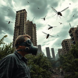 A post-apocalyptic scene depicting the end of the world with tall, crumbling abandoned buildings surrounded by overgrown vegetation