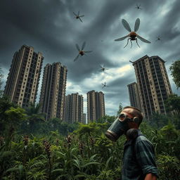 A post-apocalyptic scene depicting the end of the world with tall, crumbling abandoned buildings surrounded by overgrown vegetation