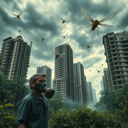 A post-apocalyptic scene depicting the end of the world with tall, crumbling abandoned buildings surrounded by overgrown vegetation