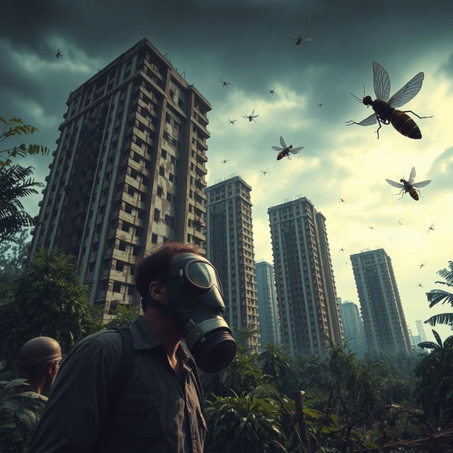 A post-apocalyptic scene depicting the end of the world with tall, crumbling abandoned buildings surrounded by overgrown vegetation