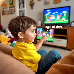 A child sitting on a cozy sofa watching television