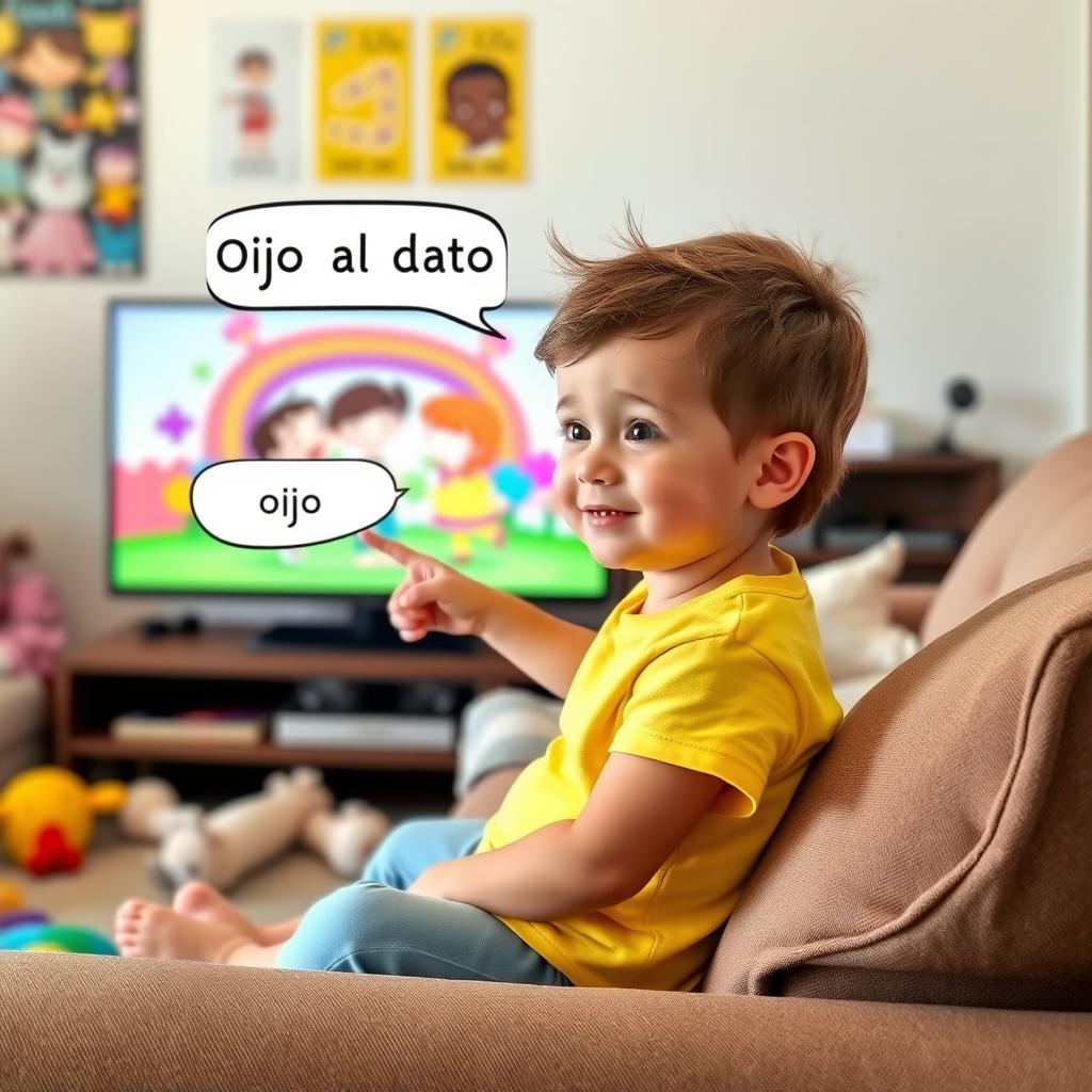 A child sitting on a cozy sofa watching television