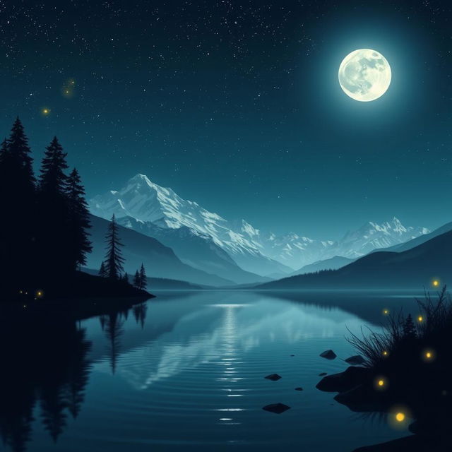 A serene nighttime landscape featuring a tranquil lake reflecting a starry sky, the moon glowing brightly above