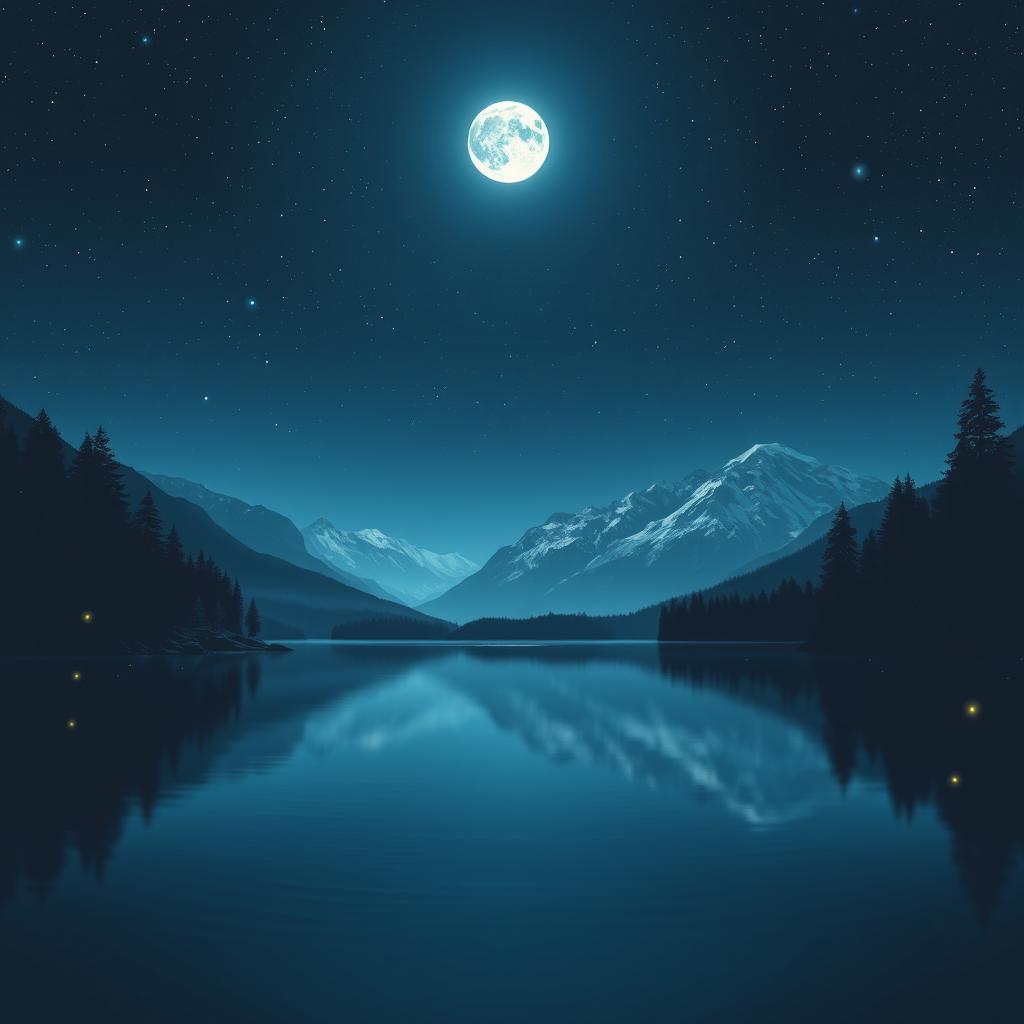 A serene nighttime landscape featuring a tranquil lake reflecting a starry sky, the moon glowing brightly above