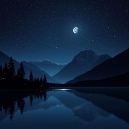 A serene nighttime landscape featuring a tranquil lake reflecting a starry sky, the moon glowing brightly above
