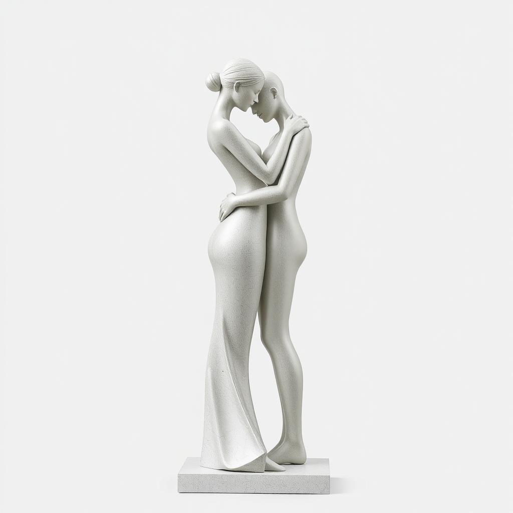 An abstract and minimalist sculpture symbolizing love, featuring a simple design of a woman and a man intertwined, with their bodies elegantly posed to convey affection