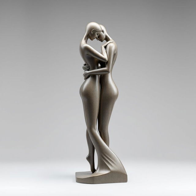 An abstract and minimalist sculpture symbolizing love, featuring a simple design of a woman and a man intertwined, with their bodies elegantly posed to convey affection