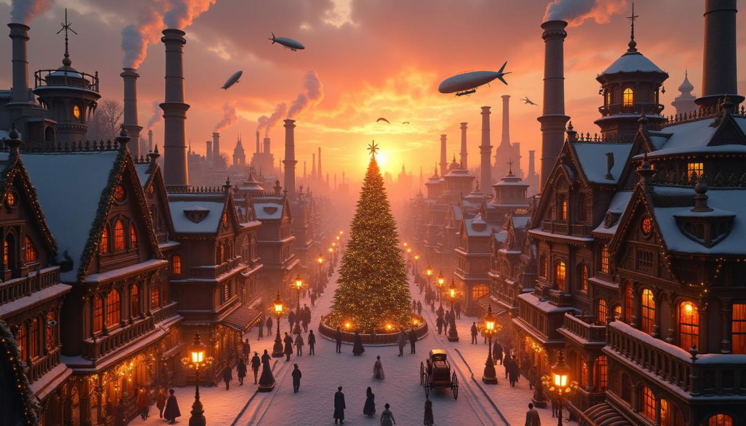 A breathtaking sunset view over Cogtopolis, a whimsical steampunk Christmas metropolis