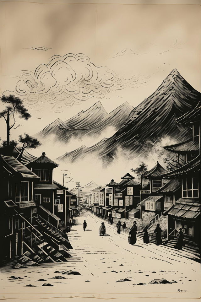 This is a cityscape drawing in a vintage Japanese ink style