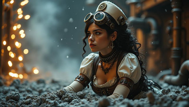 A steampunk nurse, clad in an intricately detailed outfit adorned with gears, goggles, and Victorian-style accessories, rises dramatically from a bed of ashes and smoke, set against a festive Christmas backdrop