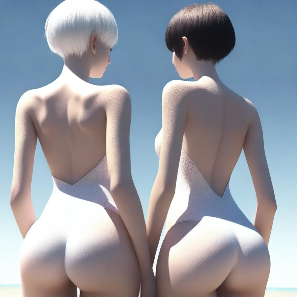 A tastefully rendered digital art image, featuring two slender figures with short hair and attractive features