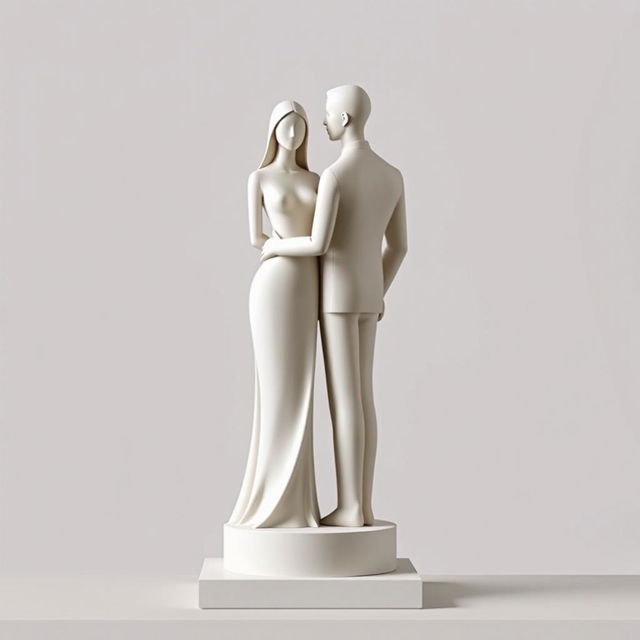 An abstract and minimalist depiction of a statue featuring a simple woman and man standing together, symbolizing love