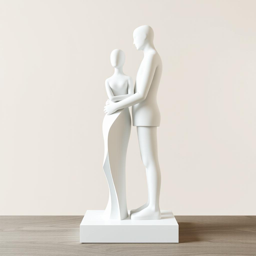 An abstract and minimalist depiction of a statue featuring a simple woman and man standing together, symbolizing love
