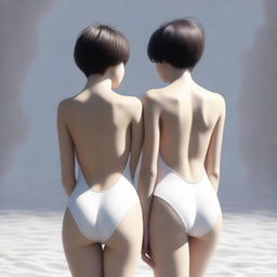 A tastefully rendered digital art image, featuring two slender figures with short hair and attractive features