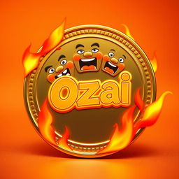 A shiny, circular meme coin with a cartoonish design featuring exaggerated facial expressions, colored in gold with a slightly reflective surface