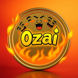 A shiny, circular meme coin with a cartoonish design featuring exaggerated facial expressions, colored in gold with a slightly reflective surface