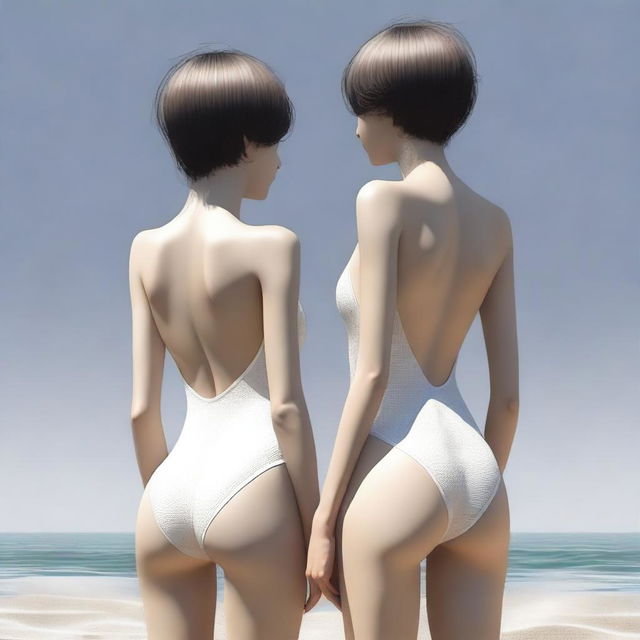 A tastefully rendered digital art image, featuring two slender figures with short hair and attractive features